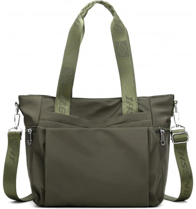 Bolso tote casual en tono verde oliva con correas de hombro y correa cruzada.