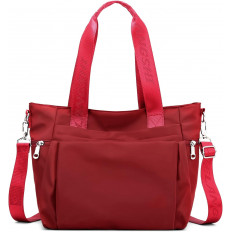 Bolso tote rojo con correas marcadas y correa cruzada desmontable.