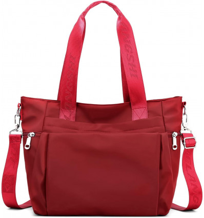 Bolso tote rojo con correas marcadas y correa cruzada desmontable.