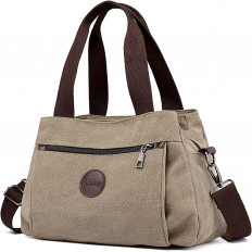 Bolso de Lona Casual Beige con Correas Contrastantes y Detalles Metálicos