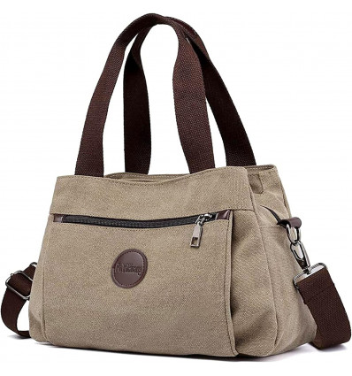 Bolso de Lona Casual Beige con Correas Contrastantes y Detalles Metálicos