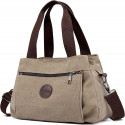 Bolso de Lona Casual Beige con Correas Contrastantes y Detalles Metálicos