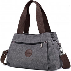 Bolso de Hombro de Lona Gris con Correas Contrastantes y Diseño Práctico