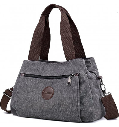 Bolso de Hombro de Lona Gris con Correas Contrastantes y Diseño Práctico