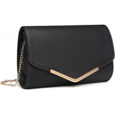 Clutch Negro Elegante con Detalle de Barra Dorada y Cadena