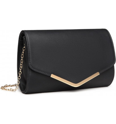 Clutch Negro Elegante con Detalle de Barra Dorada y Cadena