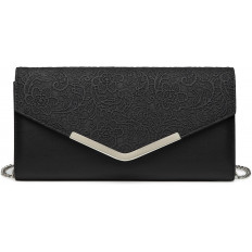 Clutch de Encaje Negro con Detalle Metálico y Cadena Elegante