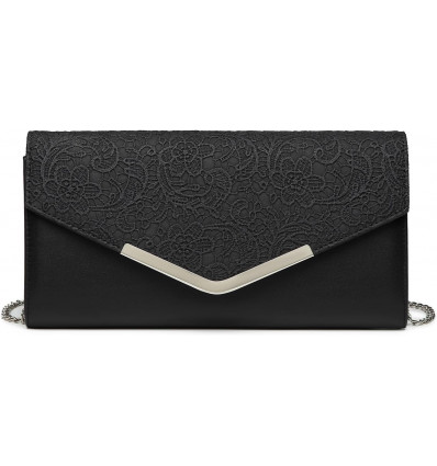 Clutch de Encaje Negro con Detalle Metálico y Cadena Elegante