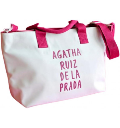 Bolso Nylon Blanco Chic con Toques de Rosa y Cierre Cremallera - Agatha Ruiz de la Prada