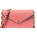 Cartera de Viaje Compacta para Mujer en Tono Rosa Pálido con Cadena Dorada y Bolsillo con Solapa