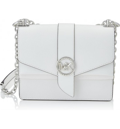 Bolsa de Hombro Elegante en Color Blanco Puro con Detalles Metálicos y Cierre Giratorio
